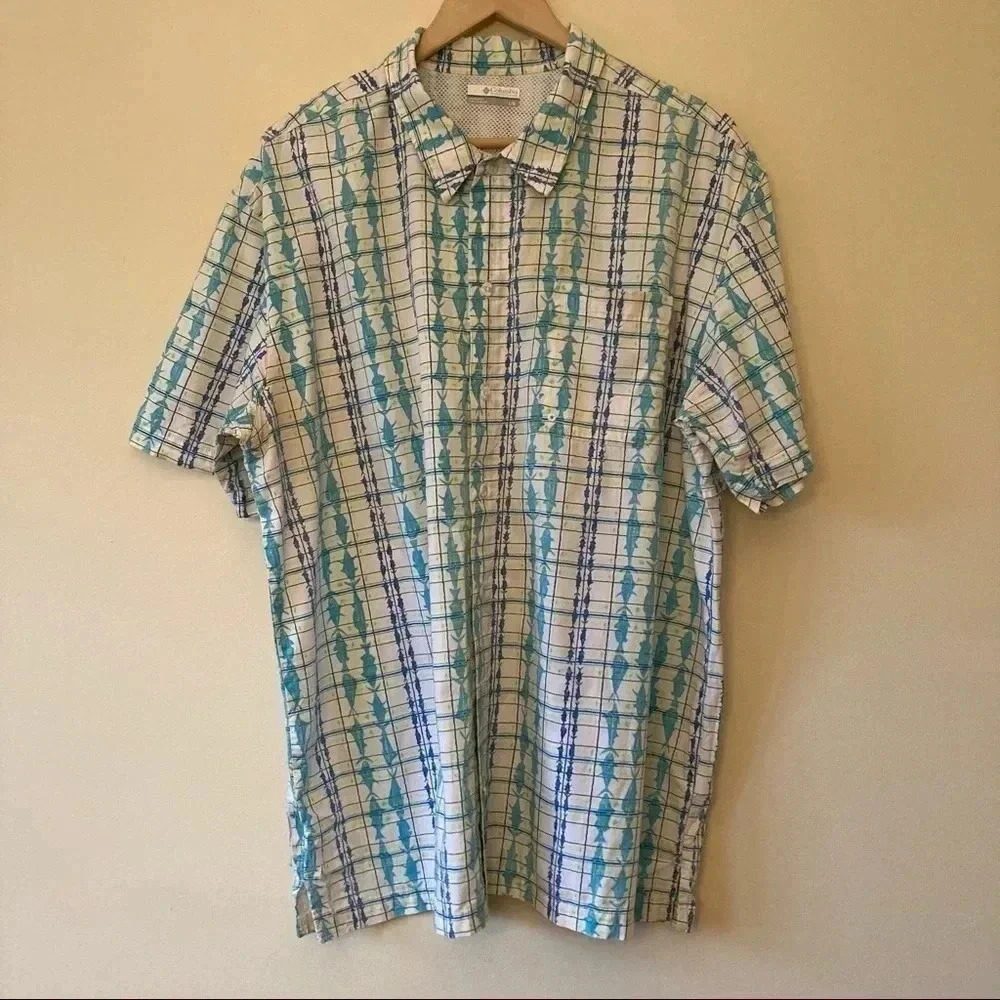 Columbia PFG fish  print vented mesh fishing button down shirt
